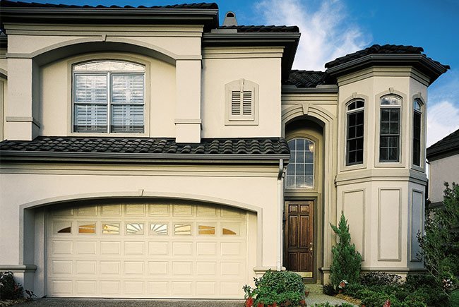 close up of an off white garage door